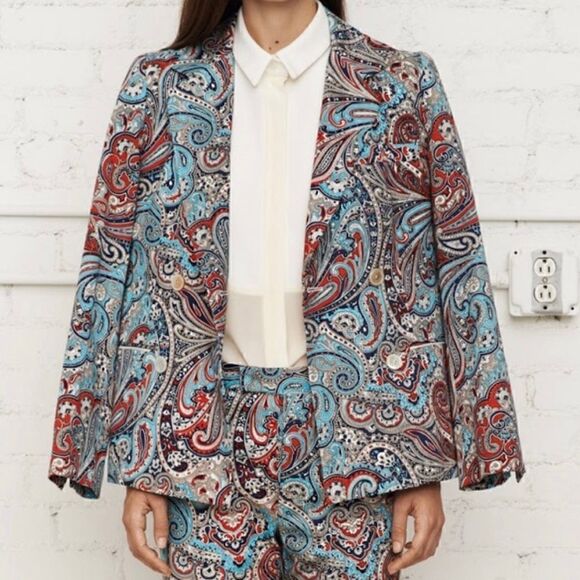 Sea New York Blue Paisley Print Pattern Double Breasted Blazer Jacket Sz 2 - Picture 1 of 5